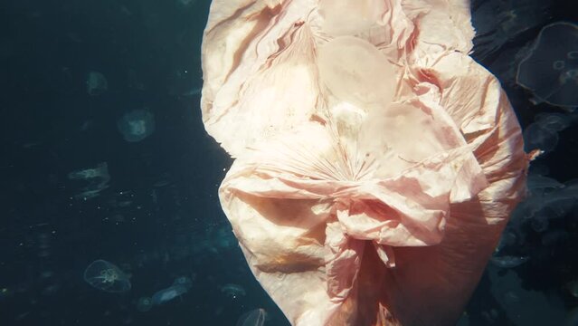 Marine Pollution problem in sea Garbage plastic bag Floating Underwater
