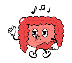 Cute funny intestines walking singing character. Vector hand drawn traditional cartoon vintage, retro, kawaii character illustration icon. Isolated on white background. Intestines sing characte