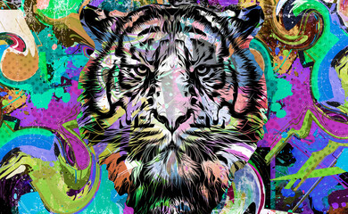 Bright abstract colorful background with tiger, paint splashes