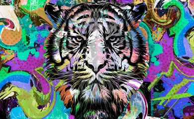 Deurstickers Bright abstract colorful background with tiger, paint splashes © reznik_val