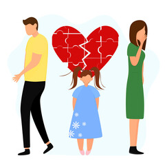 family breakup or a quarrel between a husband and wife in which a child suffers. Disagreements in marriage end in divorce, split. Cartoon Vector illustration in a flat style on a white background