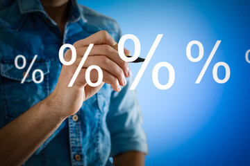 Discount Percentage Sign. Hand Showing Discount Percent.