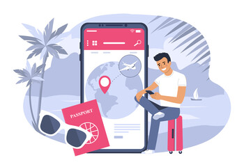 Man planning vacation and booking air tickets. Vector illustration.