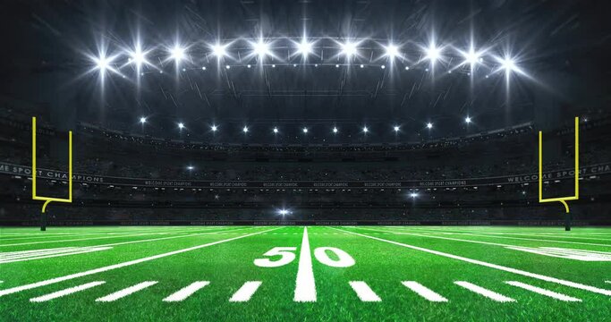 American football stadium with yellow goal posts on sides, grass field and glowing spotlights and camera flashes. Sport advertisement 4K video loop.