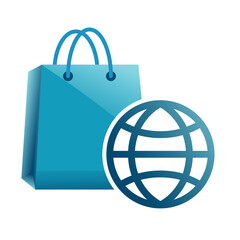 Shopping bag logo with globe icon vector.