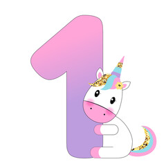 Birthday baby card with unicorn - one year - lilac