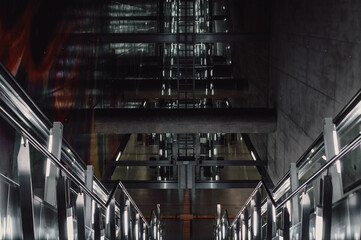 Escalator with blinding neon lights