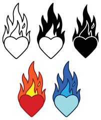 Heart on Fire Clipart Set - Outline, Silhouette and Color