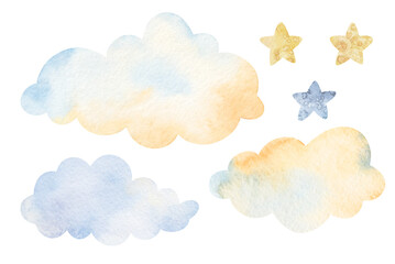 Watercolor clouds, moon, stars, decorative elements. Watercolor illustrations clip art for nursery decorations. For t-shirt print, wear fashion design, baby shower, kids cards, linens, wall stickers.