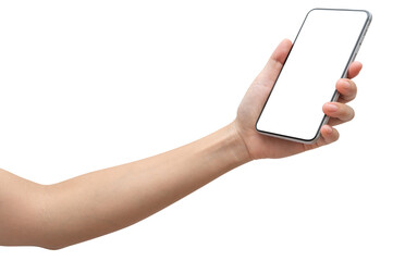 Woman hand hold cell phone isolated on white background.