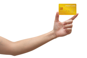 The woman's hand holds a gold credit card isolated on white background.