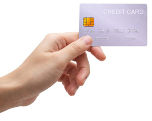 The woman's hand holds a silver platinum credit card isolated on white background.