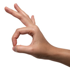 Woman hand showing ok sign isolated on white background.