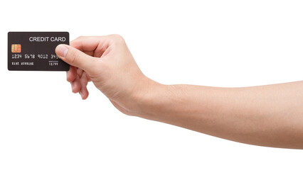 The woman's hand holds a black credit card isolated on white background. 