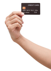 The woman's hand holds a black credit card isolated on white background.	