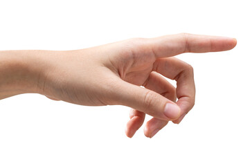 Woman hand touching or pointing to something isolated on white background.