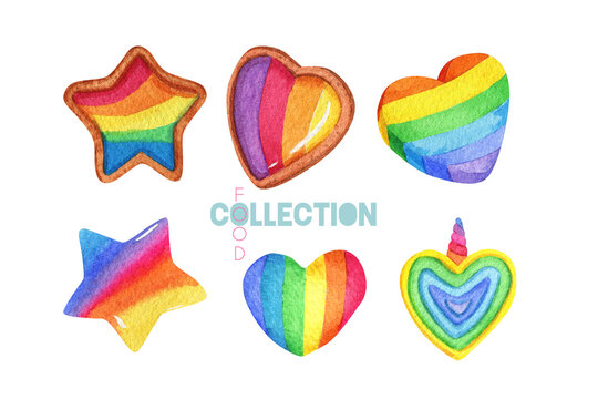 Rainbow cookies and candies. Watercolor sweet hearts, stars. Colorful pastry illustration
