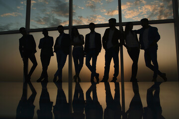 group of happy young business people standing near a large office window