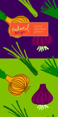 Vector onion pattern seamless. Green shallot illustration. Vegan restaurant ornament, vegetarian backdrop. Homemade cooking background. Vegetable wallpaper of food label or banner. Bulb onion drawings