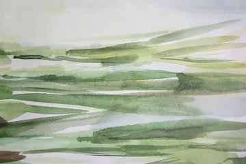 Rolgordijnen Groene landschapsachtergrond. Natuurlijk ontspannen behang. Abstract gebied van grastextuur. Versheid en natuurlijkheid concept. Aquarelle oppervlak. © Ekaterina