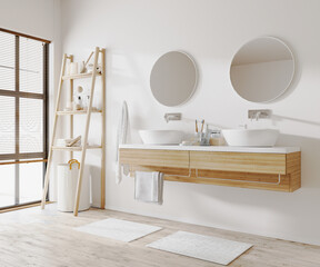 Modern apartment bathroom interior with two sinks, wooden cabinets and ladder, towels and window, 3d rendering