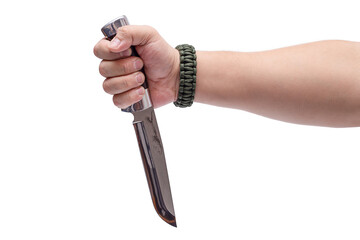 A man's hand holds a knife blade down, isolated on a white background.