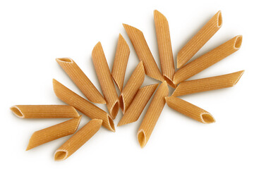 Wolegrain penne pasta from durum wheat isolated on white background with clipping path and full depth of field. Top view. Flat lay,
