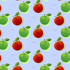 Red and green apples Seamless Vector Pattern. Food. Friuts. Apples Randomly Arranged on blue Background. 