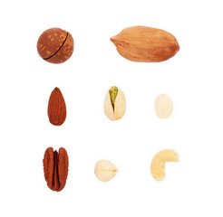 Assortment of tasty nuts on white background