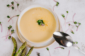 Tasty fresh mushroom cream soup. Top view