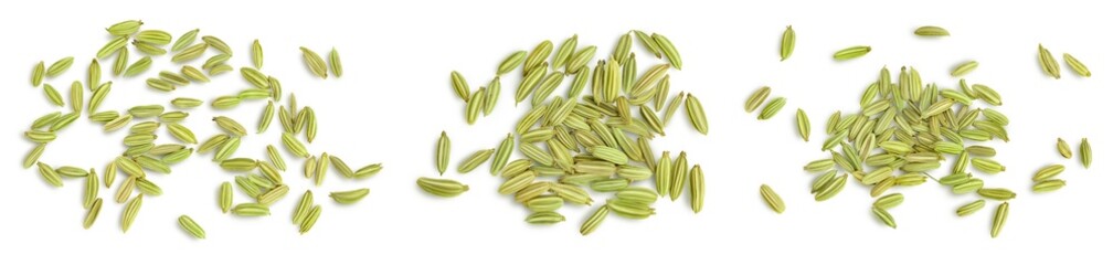 Dried fennel seeds isolated on white background with clipping path. Top view. Flat lay. Set or collection