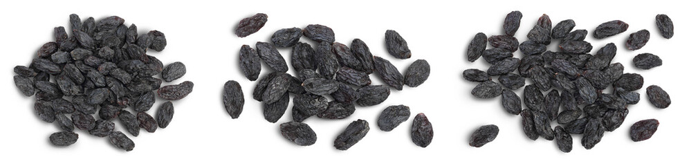 Black raisin isolated on white background with clipping path. Top view. Flat lay, Set or collection