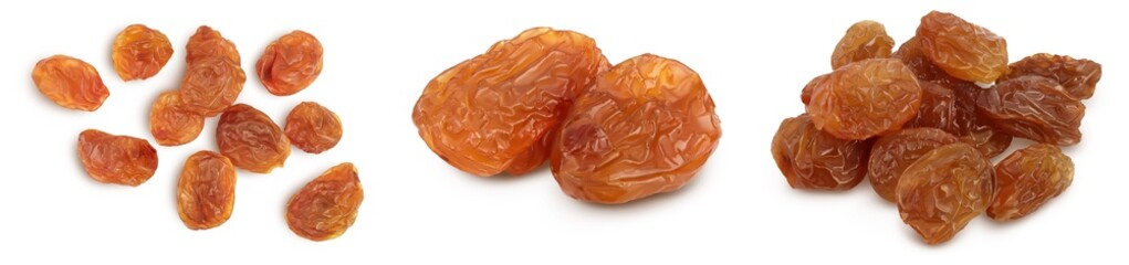 Brown raisin isolated on white background with clipping path. Top view. Flat lay. Set or collection