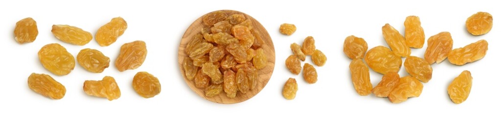 Yellow raisin isolated on white background with clipping path. Top view. Flat lay. Set or collection