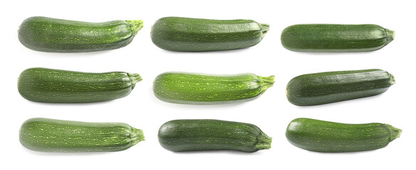 Set of fresh ripe zucchinis on white background. Banner design