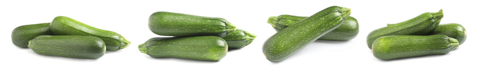 Set of fresh ripe zucchinis on white background. Banner design