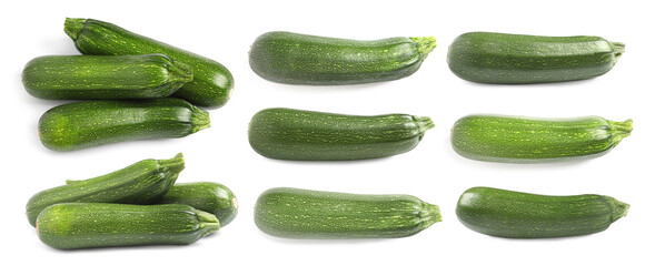 Set of fresh ripe zucchinis on white background. Banner design
