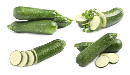 Set of fresh ripe zucchinis on white background