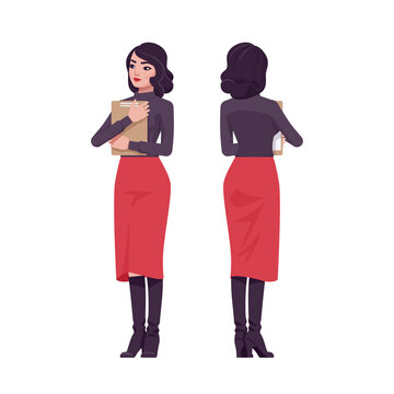 Pretty brunette girl, attractive modern elegant woman standing. Business lady, slim fit pencil skirt, black turtleneck. Vector flat style cartoon illustration isolated, white background, front, rear