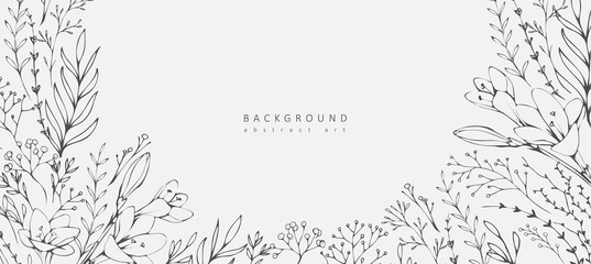 Luxury botanical background with trendy wildflowers and minimalist flowers for wall decoration or wedding. Hand drawn line herb, elegant leaves for invitation save the date card. Botanical rustic - 485612922