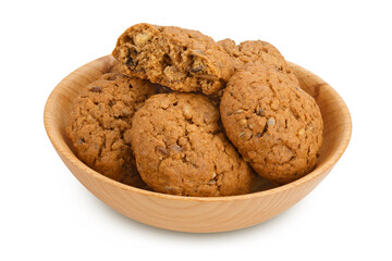 oatmeal cookies with flax, pumpkin and sunflower seeds in wooden bowl with clipping path and full depth of field