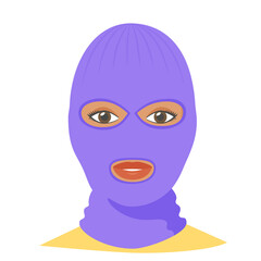 Black woman wearing balaclava helmet. Trendy worm headgear for cold weather. Facial mask for the whole head to wear under helmet in flat style. Vector