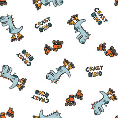 Skating Crazy Dino All Over Pattern Print on White Background For Kidswear and other uses