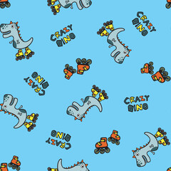 Skating Crazy Dino All Over Pattern Print on Blue Background For Kidswear and other uses