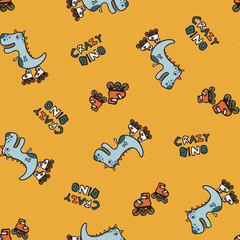 Skating Crazy Dino All Over Pattern Print on Yellow Background For Kidswear and other uses