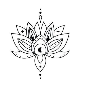 Lotus flowers with moon and stars, outline vector blooming lotus. Lotus logo design. Lotus spiritual design  isolated on white background