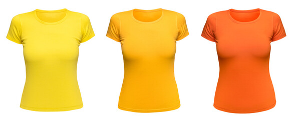 T-shirt yellow women mockup as design template. Female orange Tee Shirt blank isolated on white. Front view. - 485614337