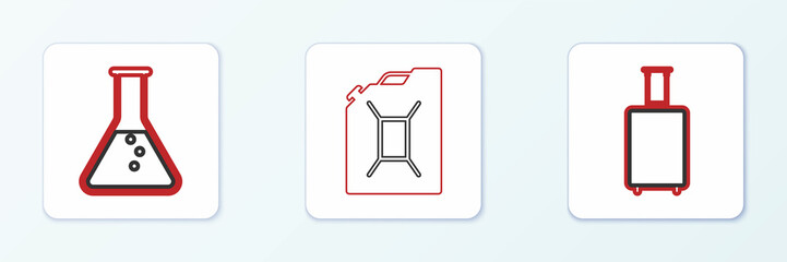 Set line Travel suitcase, Test tube and flask and Canister for gasoline icon. Vector