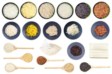 set of various cooked and raw rice groats isolated - obrazy, fototapety, plakaty