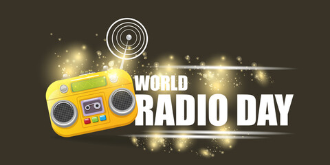 Vector World radio day horizontal banner with old cassette stereo player isolated on abstract grey background. Cartoon funky hipster Radio day banner, label, sign, icon or poster with radio